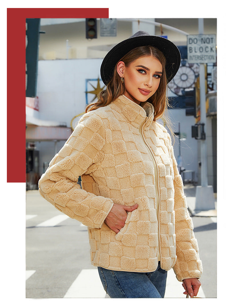 Shiny Velvet2023Autumn and Winter New Cross-Border European and American Women's Long Sleeve Cardigan Zipper Loose Solid Color Plaid Fuzzy Coat