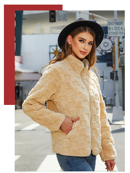 Shiny Velvet2023Autumn and Winter New Cross-Border European and American Women's Long Sleeve Cardigan Zipper Loose Solid Color Plaid Fuzzy Coat