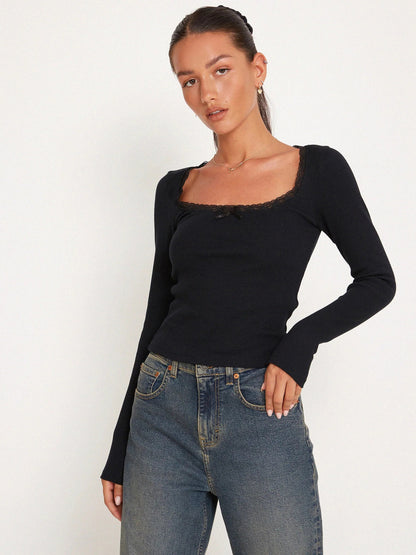 New Long Sleeve t T-shirt Women's Clothing wish Cross-border Trendy Brand Slim Fit Lace Patchwork Hot Girl Top U Collared Base Shirt