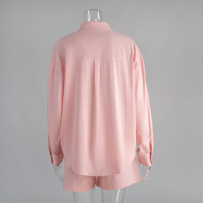 Cross-border pure cotton cardigan long sleeve shorts set2025Spring and summer outerwear simple solid color European and American style casual suit for women