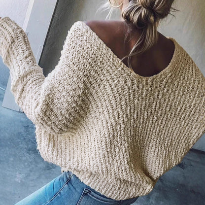 Foreign Trade Cross-Border European and American Amazon Source Manufacturer Large V Collar Hollow Pullover Knit Sweater Long Sleeve Solid Color Spring Autumn