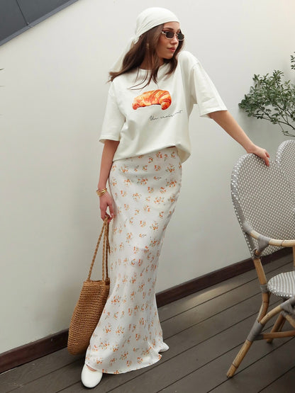 Cross-border Printed Midi Skirt European and American Style2025Spring and Summer New Elegant Floral Satin Printed Draped High-Waisted Skirt