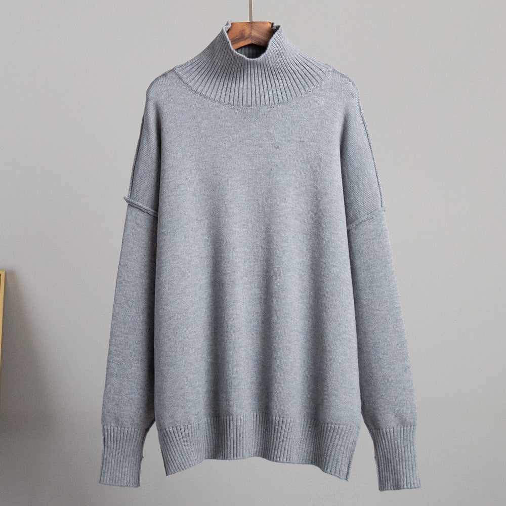 Cross-Border Spliced Turtleneck Sweater for Women, European and American Style, Autumn and Winter New Casual Loose Thick Knitted Pullover