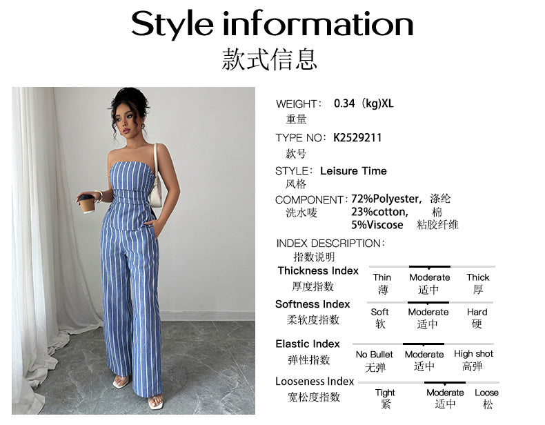Cross-border Fashion Elegant Strapless Striped Long Pants Two-piece Set Women's Clothing2025Spring and Summer Amazon Non-Iron Comfortable