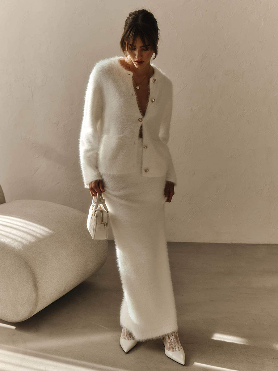 Cross-border Plush Long Sleeve Half-length Dress Set European and American Style2025Autumn and Winter New Single-Breasted Cardigan and Skirt Set