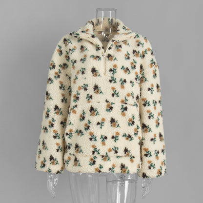 Cross-border fleece floral sweatshirt Europe and America2025Autumn and Winter New Fashion Sweatshirt Warm Fuzzy Sweatshirt Fleece Top for Women
