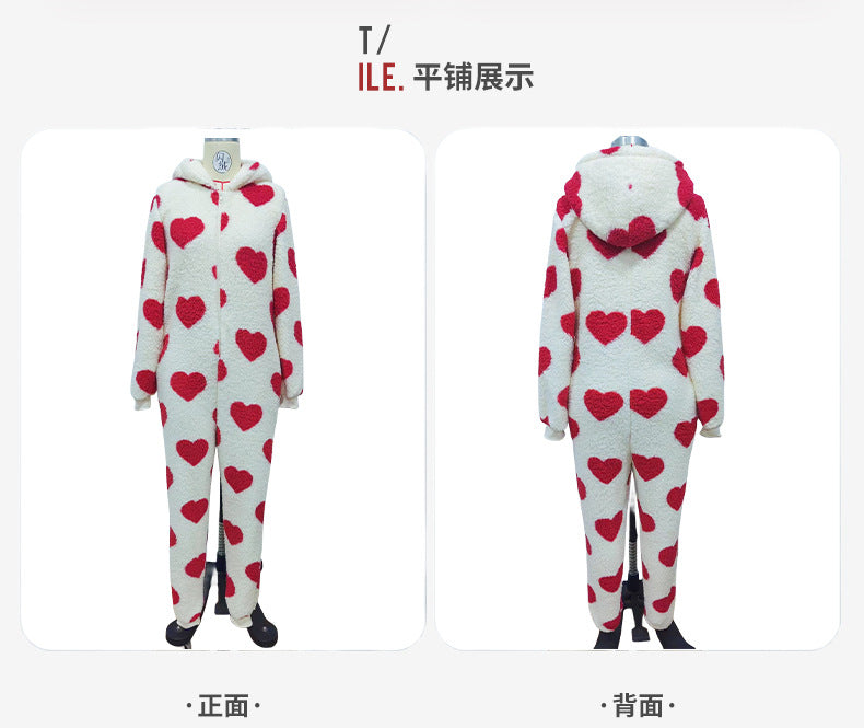 Shiny Velvet2023Cross-border European and American Women's Clothing Amazon Autumn and Winter New Plush Love Heart Print Christmas Hooded Jumpsuit