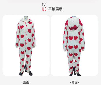 Shiny Velvet2023Cross-border European and American Women's Clothing Amazon Autumn and Winter New Plush Love Heart Print Christmas Hooded Jumpsuit