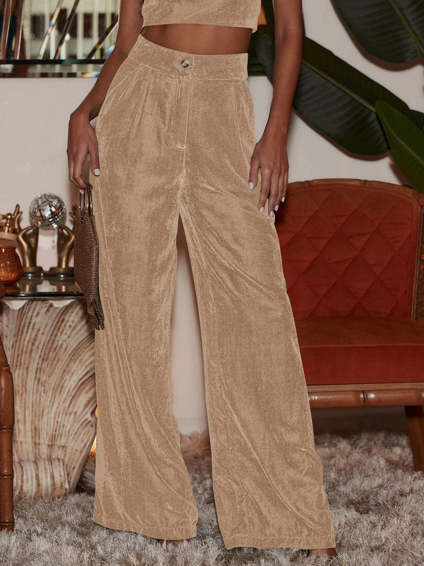Sultyra Suede Loose Button Slimming Straight Wide-Leg Pants
