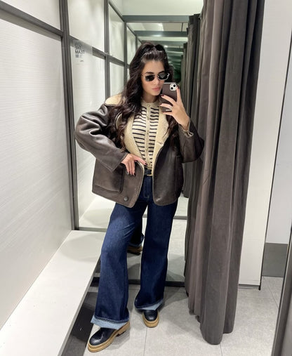 2024Autumn Fashion Turn-Down Collar Three-Color Fur Integrated Long-Sleeve Jacket Coat Cross-Border Amazon Women's Clothing B88788