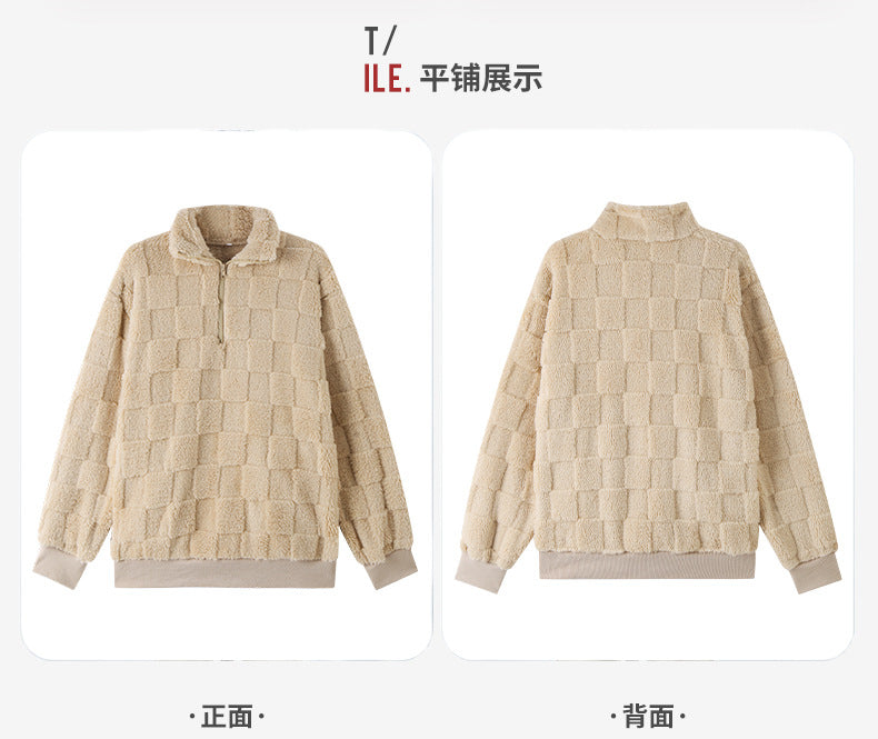 2024Shiny Velvet Autumn Winter New European and American Cross-Border Women's Half-Zip Stand Collar Loose Plaid Fuzzy Pullover Sweatshirt