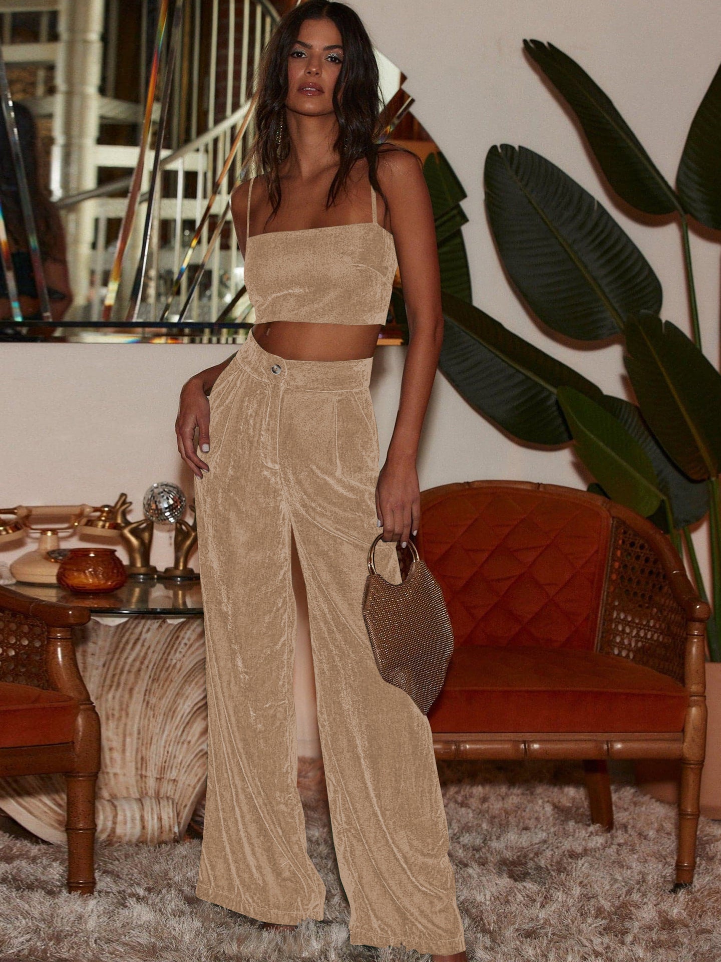 Sultyra Suede Loose Button Slimming Straight Wide-Leg Pants