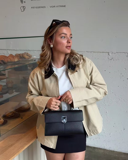 Cross-Border Foreign Trade Women's Clothing2025Autumn European and American Style Turn-Down Collar Long Sleeve Retro Color-Block Jacket Baseball Coat for Women A15057