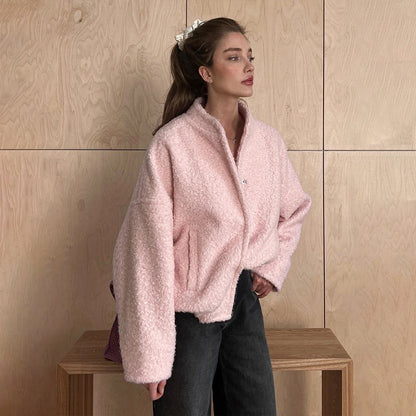 Cross-border Pink Jacket Europe and America2025Winter New Style Elegant Casual Stand Collar Drop Shoulder Short Furry Coat