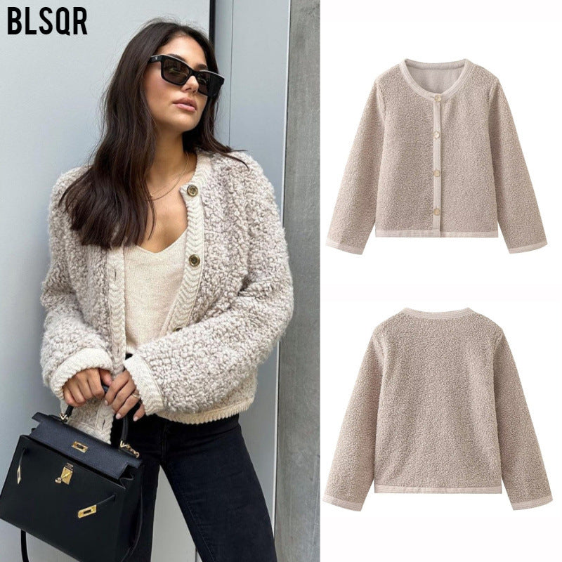Cross-Border2023European and American Autumn Winter New Women's Solid Color Little Chanel Style Knitted Cardigan Short Woolen Coat B62822