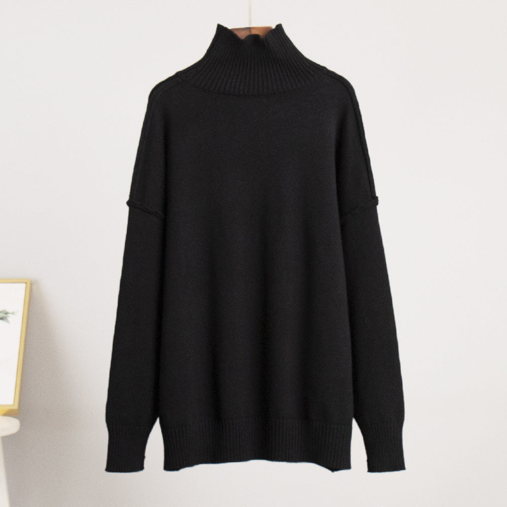 Cross-Border Spliced Turtleneck Sweater for Women, European and American Style, Autumn and Winter New Casual Loose Thick Knitted Pullover