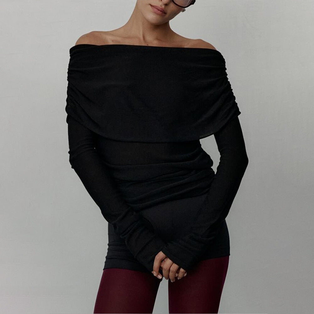 Cross-border Women's Sweater2025Autumn Winter European American Style Long Sleeve Knitted Bottoming Shirt One Shoulder Sexy Slim Off Shoulder Top
