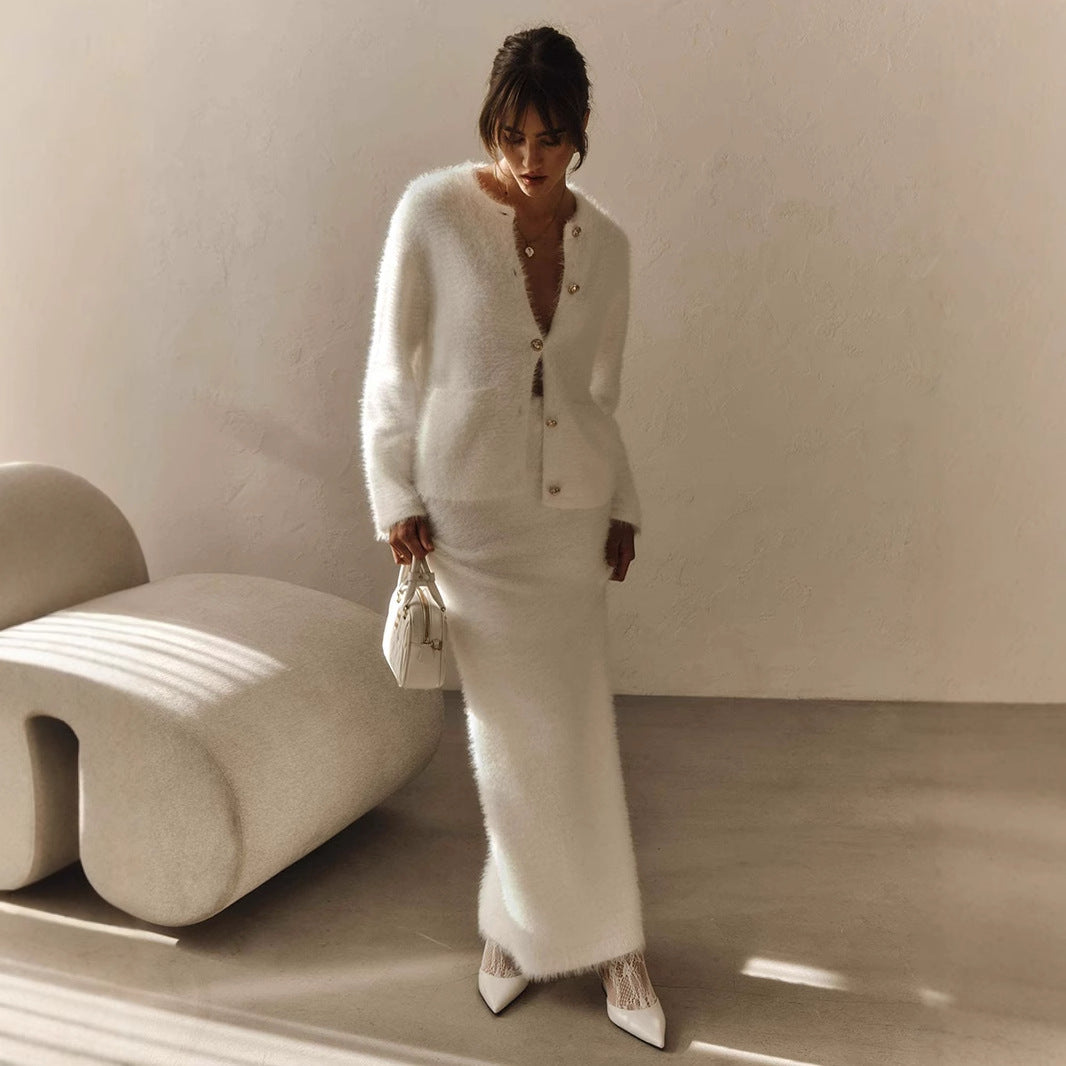 Cross-border Plush Long Sleeve Half-length Dress Set European and American Style2025Autumn and Winter New Single-Breasted Cardigan and Skirt Set