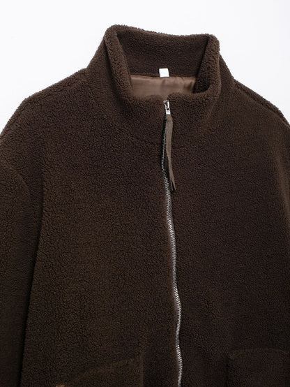 Cross-Border2024European and American Style Autumn Winter New Women's Solid Color Lazy Style Lamb Wool High Neck Woolen Coat A65002