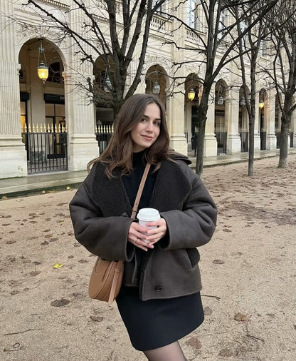 Foreign Trade Women's Clothing Wholesale2025Spring and Autumn New Casual Leather and Fur Integrated Double-Sided Jacket with Turn-Down Collar B88681