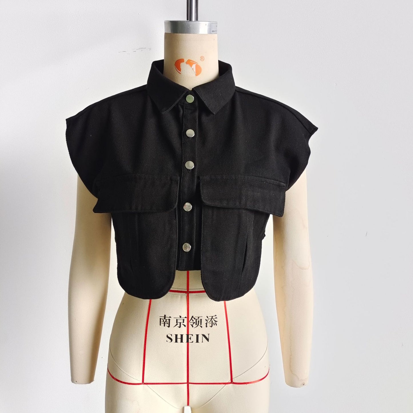 Amazon Women's Solid Color Large Pocket Sleeveless High-End Cardigan Polo Collared Shirt Denim Top A19846