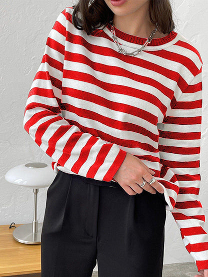 Cross-border Round Neck Knitted Striped Sweater European and American Style2025Spring Versatile Classic Retro Striped Pullover Sweater for Women