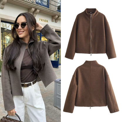 Europe and America2024Spring and Autumn Sports Jacket Stand Collar Loose Long Sleeve Women's Woolen Jacket Coat B88688