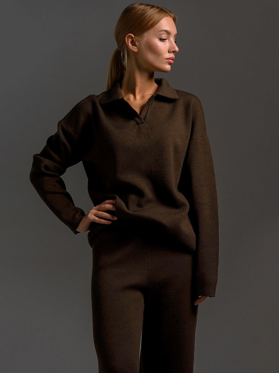 Sultyra Sweater Suit Polo Knitted Pullover Sweater+Wide-leg Pants Two-piece Set