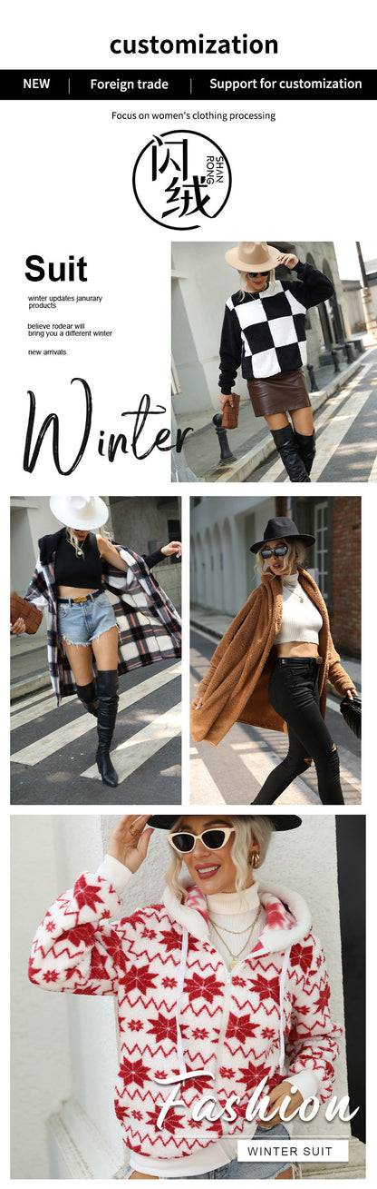 Shiny Velvet Cross-Border European and American Women's Double-Sided Velvet Long-Sleeve Turn-Down Collar Button-Up Solid Color Mid-Length Plush Coat