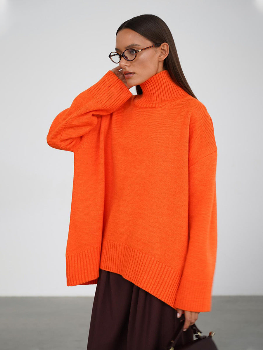 Cross-Border2025Hot-Selling European and American Style Autumn Winter Solid Color High Neck Knitted Sweater Loose Slimming Versatile Knitted Sweater for Women