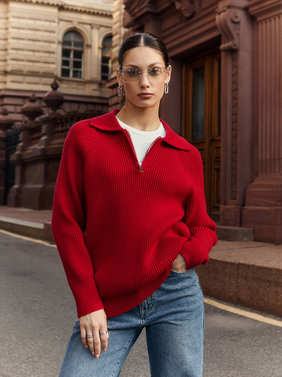 Cross-Border European and American Style2025Autumn and Winter New Trend Versatile Simple Casual Polo Turn-Down Collar Pullover Knitted Sweater