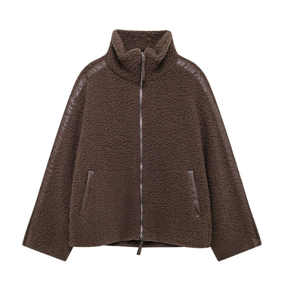 Cross-Border2024European and American Style Autumn Winter New Women's Solid Color Lazy Style Lamb Wool High Neck Woolen Coat A65002