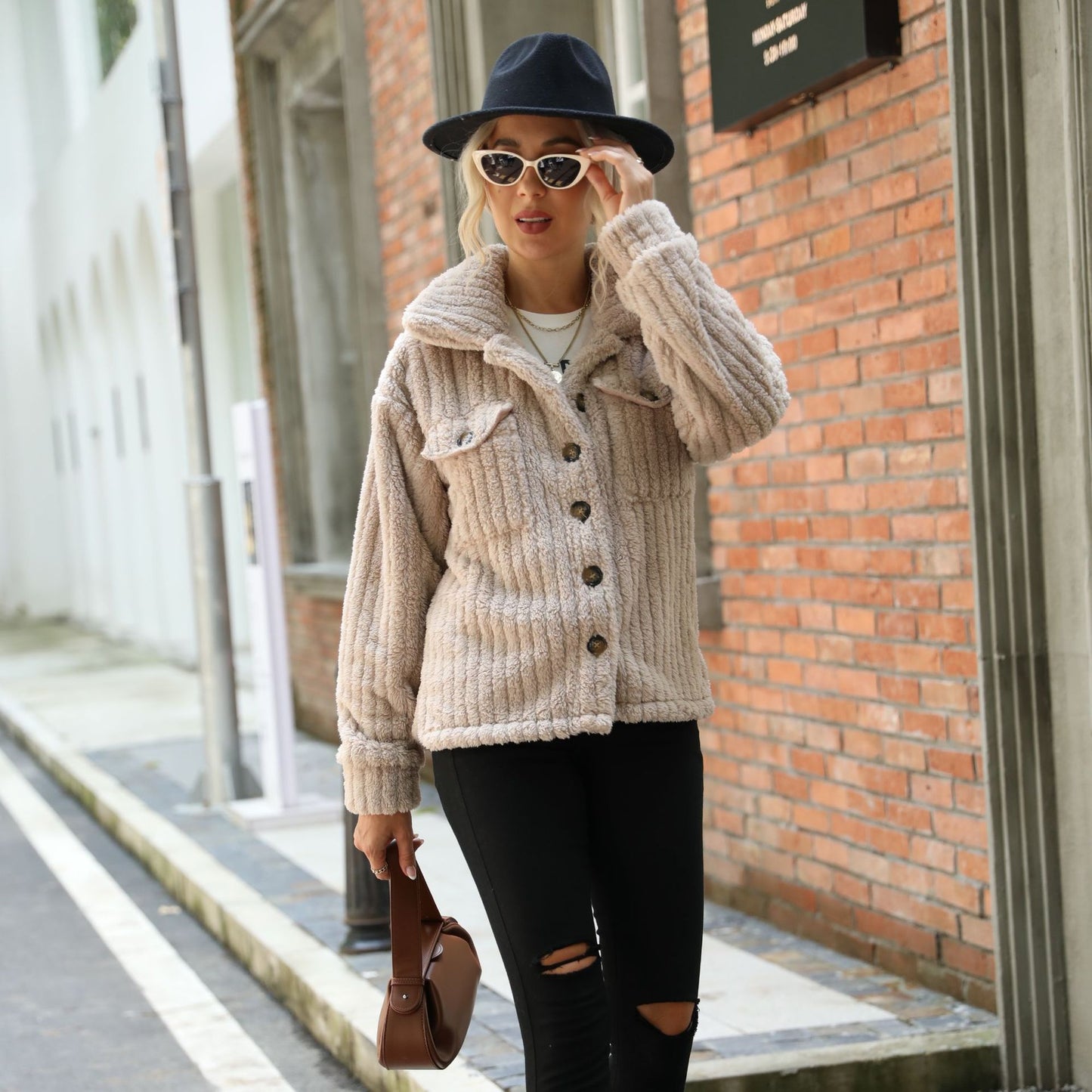 Shiny Velvet Cross-Border European and American Women's Double-Sided Velvet Long-Sleeve Turn-Down Collar Button-Up Solid Color Mid-Length Plush Coat