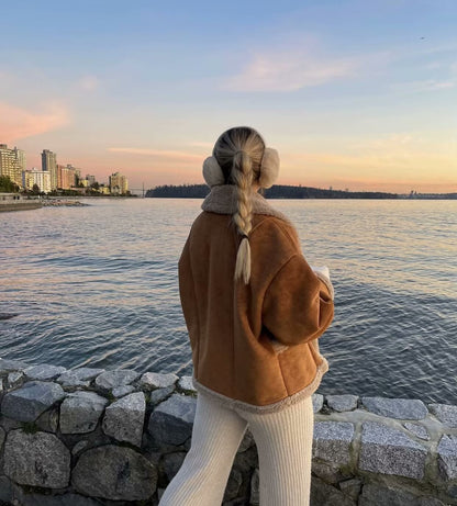 Cross-Border2024Autumn Winter Women's American Retro Woolen Coat with Turn-down Collar Loose Fur Coat for Women B88747