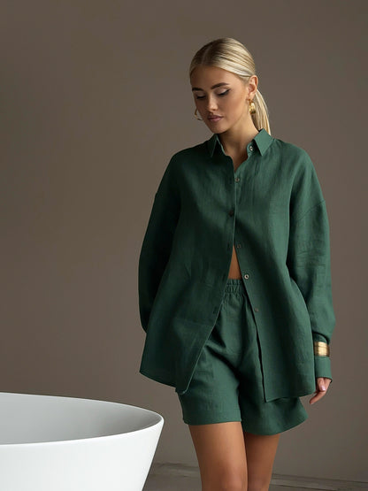 Cross-border pure cotton cardigan long sleeve shorts set2025Spring and summer outerwear simple solid color European and American style casual suit for women