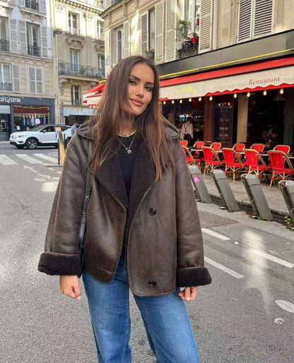 Foreign Trade Women's Clothing Wholesale2025Spring and Autumn New Casual Leather and Fur Integrated Double-Sided Jacket with Turn-Down Collar B88681