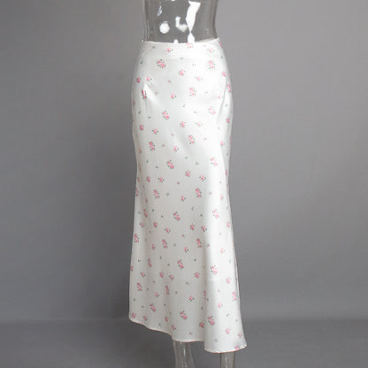 Cross-border Printed Midi Skirt European and American Style2025Spring and Summer New Elegant Floral Satin Printed Draped High-Waisted Skirt