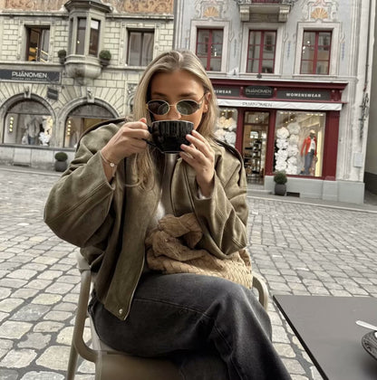 9Wholesale European and American Style2025Spring and Autumn Casual Suede Texture Lapel Bomber Jacket for Women B88824