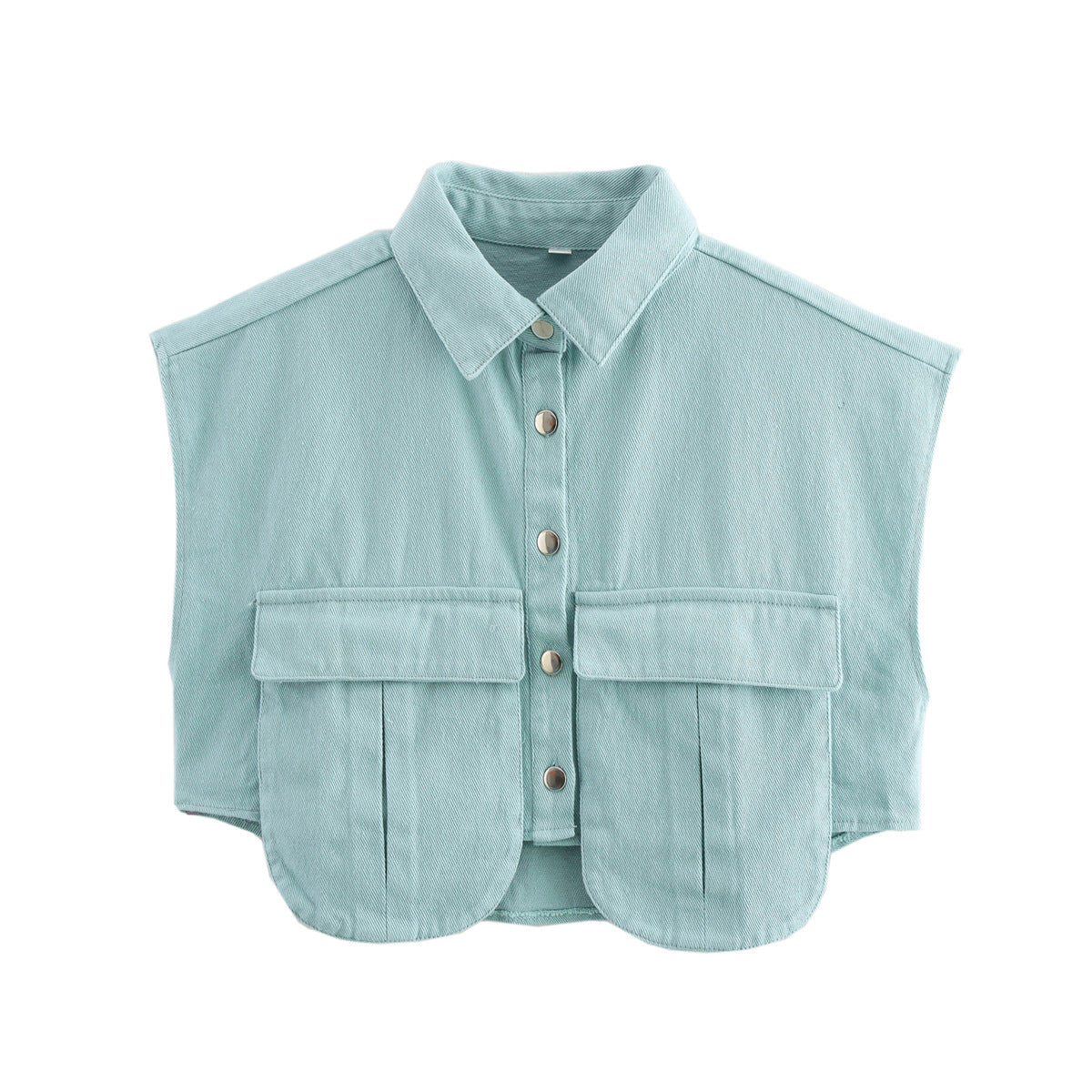 Amazon Women's Solid Color Large Pocket Sleeveless High-End Cardigan Polo Collared Shirt Denim Top A19846