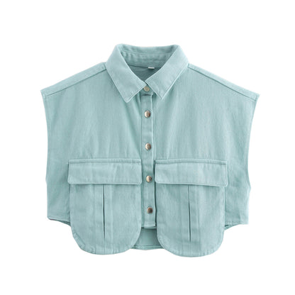 Amazon Women's Solid Color Large Pocket Sleeveless High-End Cardigan Polo Collared Shirt Denim Top A19846