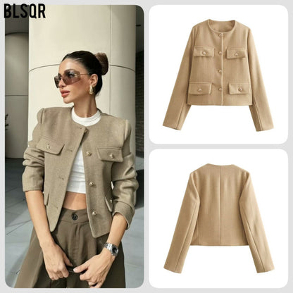 Wholesale Cross-Border Amazon Autumn Winter New Women's Fashion Small Fragrance Style Button Decor Short Blazer B88646