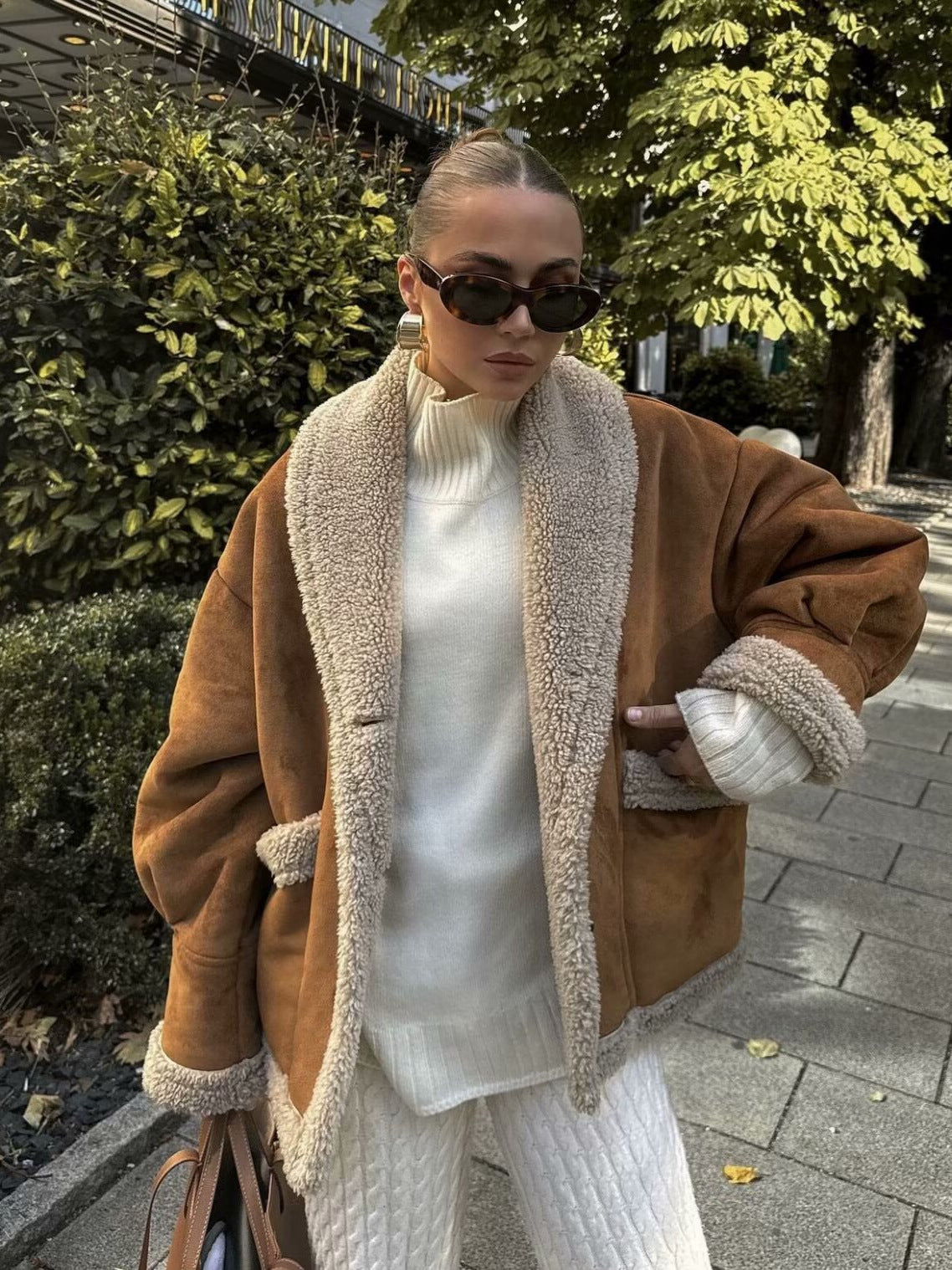 Cross-Border2024Autumn Winter Women's American Retro Woolen Coat with Turn-down Collar Loose Fur Coat for Women B88747
