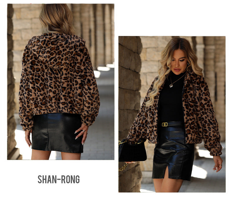 Shiny Velvet2025Cross-border Women's Clothing Amazon European and American Autumn Winter New Loose Zipper Long Sleeve Leopard Print Furry Coat