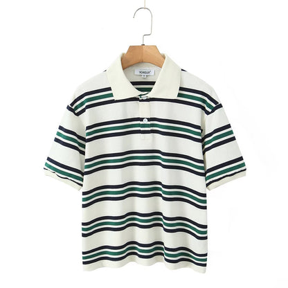 Cross-border European and American Fashion Striped Short Sleeve T Shirt Top+Low Waist Pleated Short Skirt2025Spring New D79551