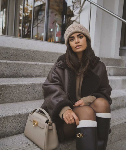 Foreign Trade Women's Clothing Wholesale2025Spring and Autumn New Casual Leather and Fur Integrated Double-Sided Jacket with Turn-Down Collar B88681