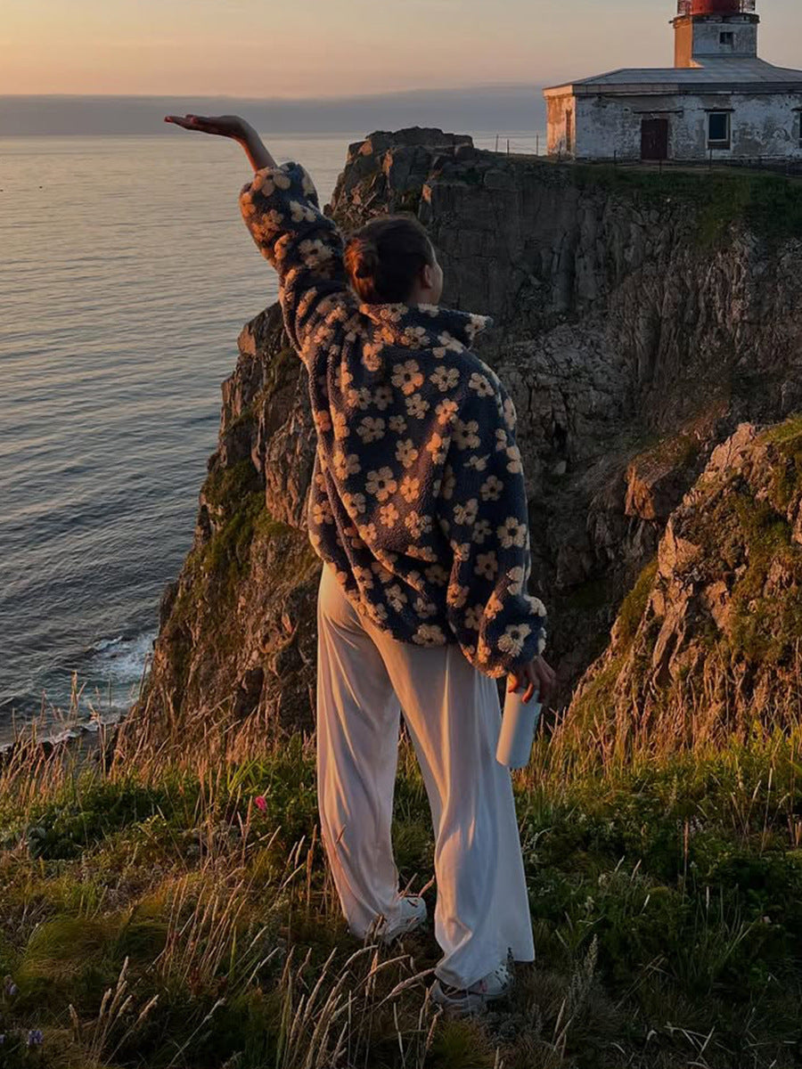 Cross-border fleece floral sweatshirt Europe and America2025Autumn and Winter New Fashion Sweatshirt Warm Fuzzy Sweatshirt Fleece Top for Women