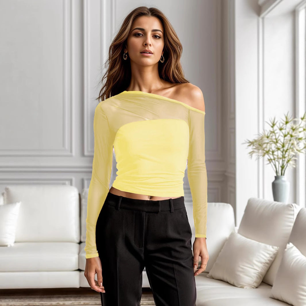European and American Autumn New Foreign Trade Mesh Patchwork Sheer Asymmetrical Long Sleeve T T-shirt Pure Desire Sexy Unique Regular Shoulder Top