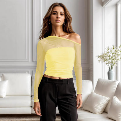 European and American Autumn New Foreign Trade Mesh Patchwork Sheer Asymmetrical Long Sleeve T T-shirt Pure Desire Sexy Unique Regular Shoulder Top