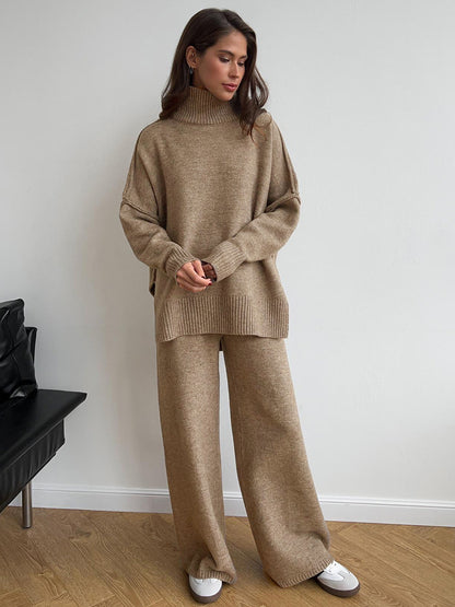 Cross-Border Turtleneck Sweater Set for Women, European and American Style, Autumn and Winter New Loose Casual Thick Knitted Long Pants Set