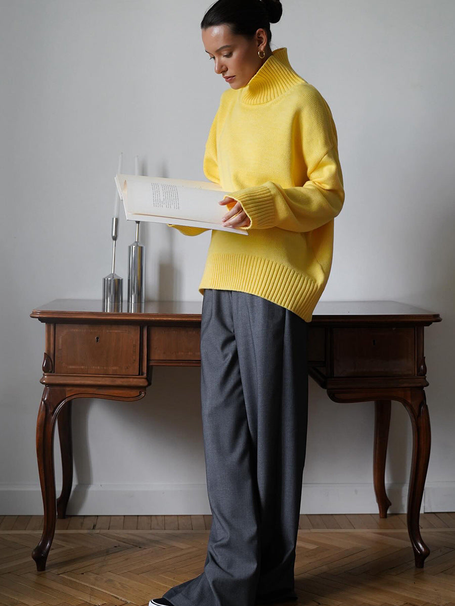 Cross-Border2025Hot-Selling European and American Style Autumn Winter Solid Color High Neck Knitted Sweater Loose Slimming Versatile Knitted Sweater for Women